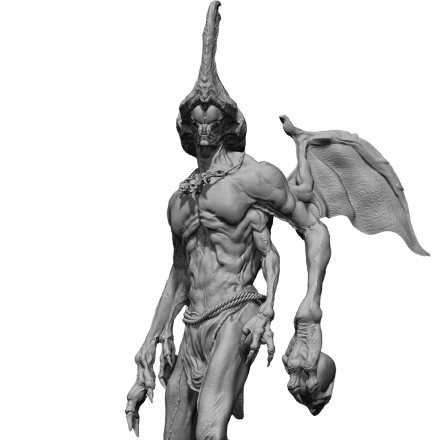 3D sculpture of a demonic figure with small wings and a skull necklace, crafted by a 3dsense Media School student.